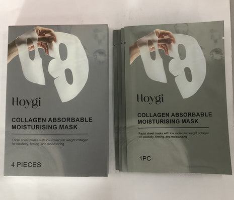 Two packages of Hoygi collagen absorbable moisturising masks on a white background
