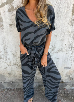 Zebra Stripes V-neck Lace-up Top and Pants Suit Set