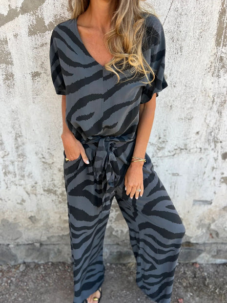 Zebra Stripes V-neck Lace-up Top and Pants Suit Set