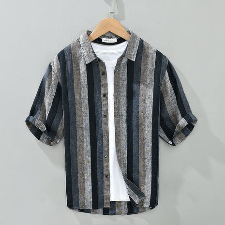 Vintage Yarn-dyed Linen Five-point Sleeve Men's Shirt