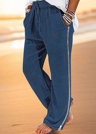 Zou Cotton And Linen Drawstring Zipper Stretch Pants