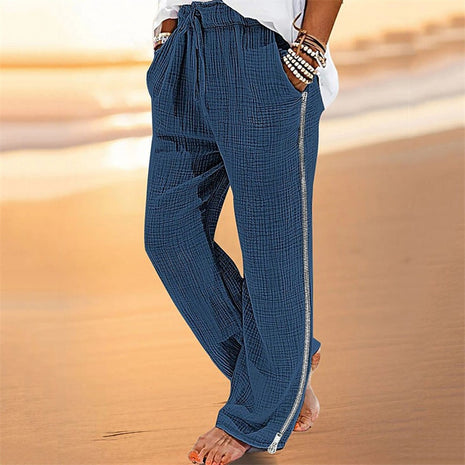 Zou Cotton And Linen Drawstring Zipper Stretch Pants