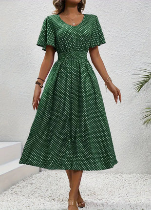 Polka Dot Short Sleeve Long Dress
