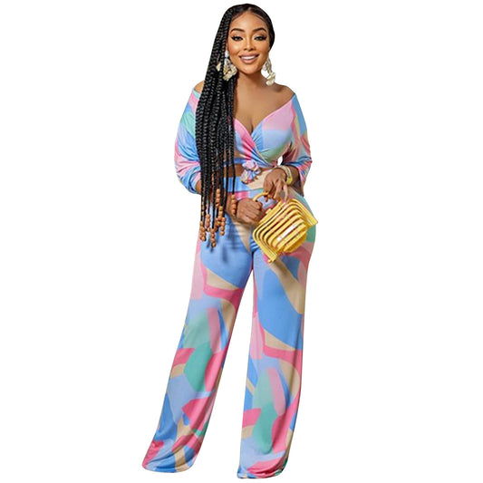 Irregular Pattern Long-sleeved Trousers V-neck Two-piece Suit