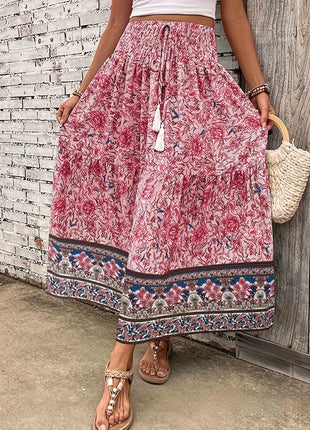 Waist-controlled Simple Floral Print Tassel Skirt