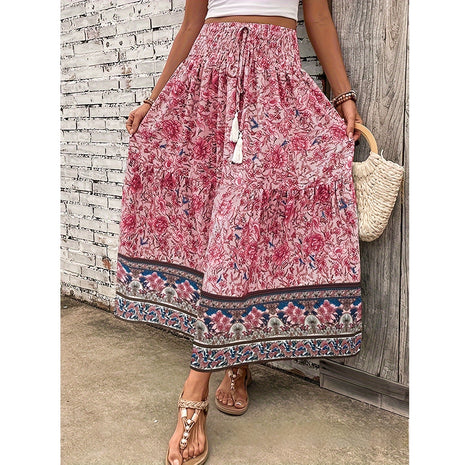 Waist-controlled Simple Floral Print Tassel Skirt