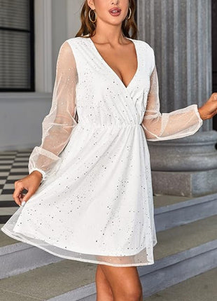 Sequined Long Sleeve Mesh V-neck Dress