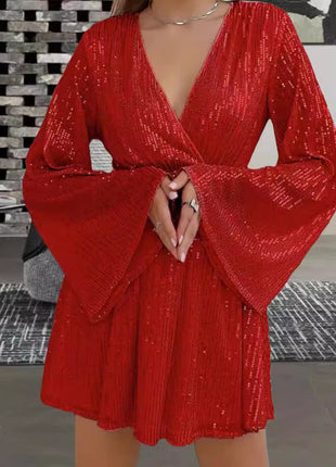 V-neck Sequin Waist Slimming Dress