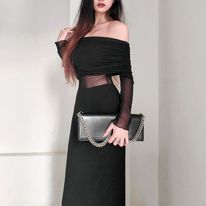 Winter Off-the-shoulder Pleated Long Sleeve Polyester Dress