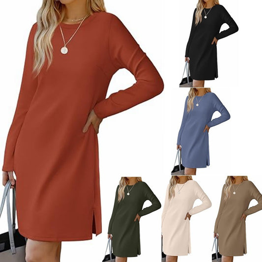 Round Neck Slit Hemline Sweater Long Sleeve Dress