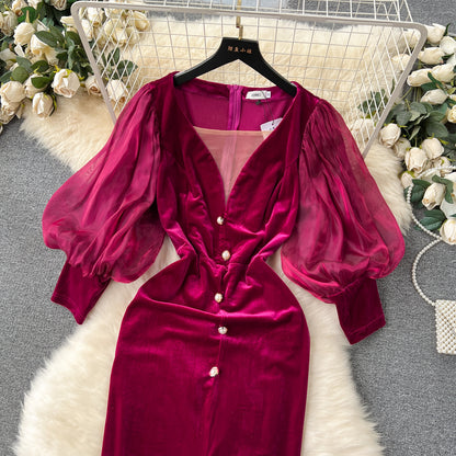 Vintage Velvet High-end Affordable Luxury Niche Lantern Sleeve Slim Mid-length Split Knee-length Court Style Dress