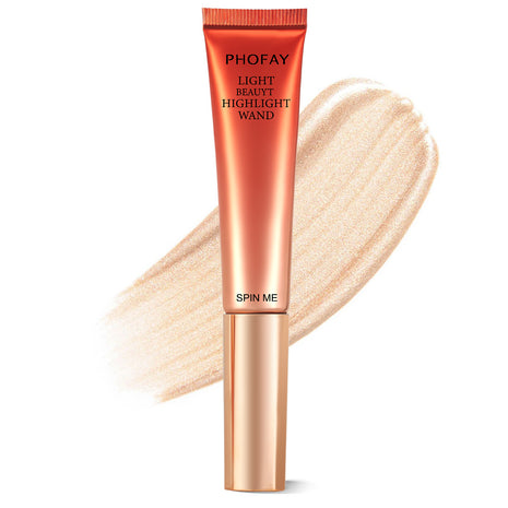 A PHOFAY Highlighter Wand in a golden bronze shade, with a swatch of the product showing its luminous and creamy texture.