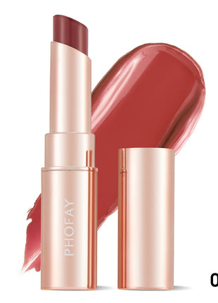A PHOFAY Moisturizing Lipstick in a Sunset Red shade, with the product name visible on the packaging and a swatch of the lipstick color shown.