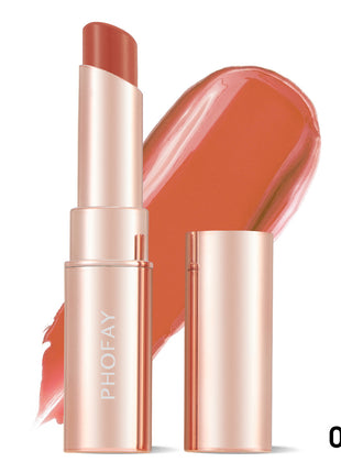 A PHOFAY Moisturizing Lipstick in a Sunset Red shade, with the product name visible on the packaging and a swatch of the lipstick color shown.