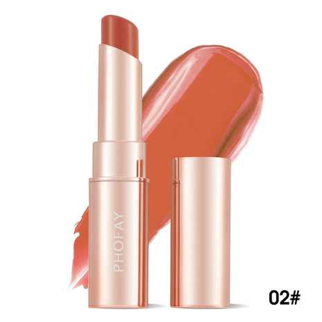 A PHOFAY Moisturizing Lipstick in a Sunset Red shade, with the product name visible on the packaging and a swatch of the lipstick color shown.