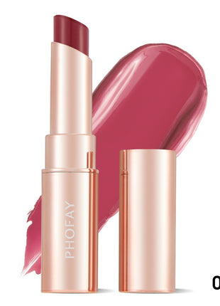 A PHOFAY Moisturizing Lipstick in a Sunset Red shade, with the product name visible on the packaging and a swatch of the lipstick color shown.