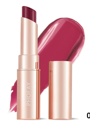 A PHOFAY Moisturizing Lipstick in a Sunset Red shade, with the product name visible on the packaging and a swatch of the lipstick color shown.