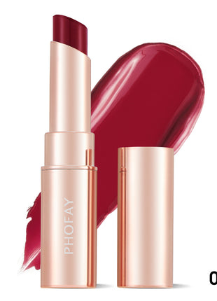 A PHOFAY Moisturizing Lipstick in a Sunset Red shade, with the product name visible on the packaging and a swatch of the lipstick color shown.