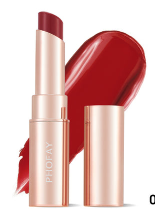 A PHOFAY Moisturizing Lipstick in a Sunset Red shade, with the product name visible on the packaging and a swatch of the lipstick color shown.