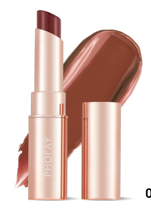 A PHOFAY Moisturizing Lipstick in a Sunset Red shade, with the product name visible on the packaging and a swatch of the lipstick color shown.