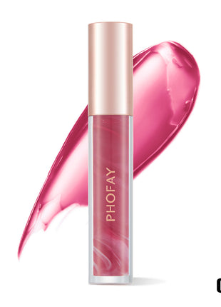 A tube of PHOFAY Rose Blooming Hydrating Lip Gloss in color '01#' with a pink shade, matching the product's swatch shown next to it.