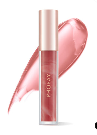 A tube of PHOFAY Rose Blooming Hydrating Lip Gloss in color '01#' with a pink shade, matching the product's swatch shown next to it.