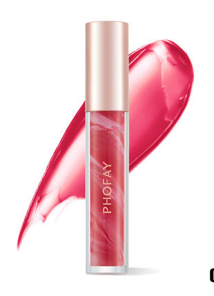 A tube of PHOFAY Rose Blooming Hydrating Lip Gloss in color '01#' with a pink shade, matching the product's swatch shown next to it.