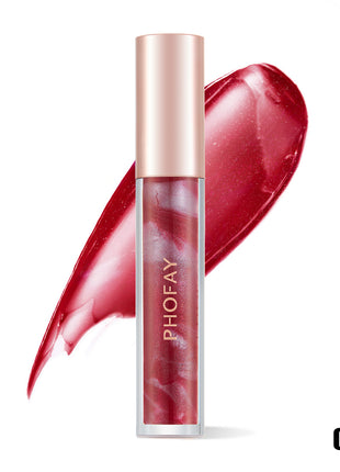 A tube of PHOFAY Rose Blooming Hydrating Lip Gloss in color '01#' with a pink shade, matching the product's swatch shown next to it.