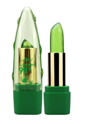 A tube of Aloe Vera Gel Lipstick with a green cap, alongside images of an aloe vera plant and a lip with the product applied.