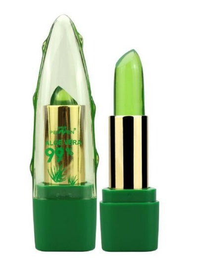 A tube of Aloe Vera Gel Lipstick with a green cap, alongside images of an aloe vera plant and a lip with the product applied.