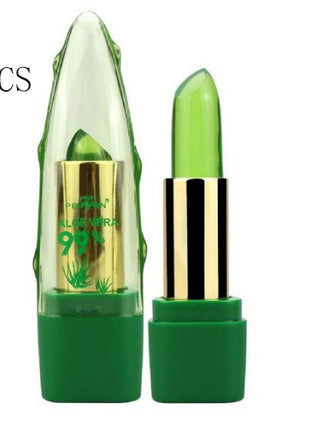 A tube of Aloe Vera Gel Lipstick with a green cap, alongside images of an aloe vera plant and a lip with the product applied.