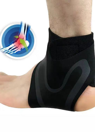 Black ankle support brace on a foot with a close-up inset of a foot with a bone injury.