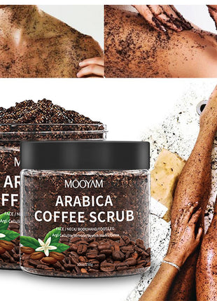 Arabica coffee scrub with application on skin and packaging