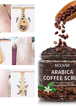 Jar of Arabica Coffee Scrub with coffee beans and before-and-after images on a white background