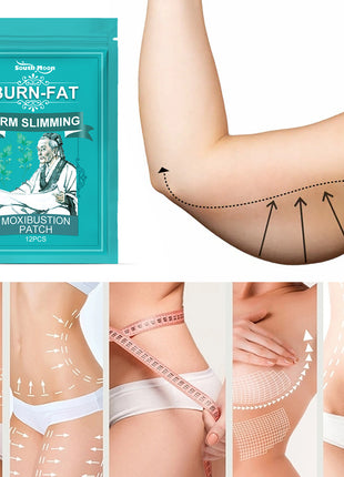 Burn-fat arm slimming patch packaging with arm and body diagrams on a white background
