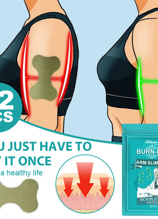 Arm slimming patches with before and after illustration on a blue background