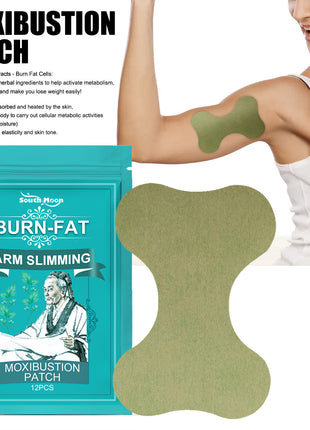 Moxibustion patch with packaging and a woman wearing it on her arm.