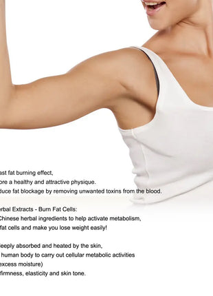 Woman flexing arm with text about natural herbal extracts and weight loss benefits on a white background