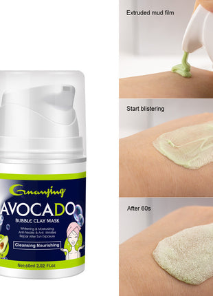 Avocado bubble clay mask with application process on skin