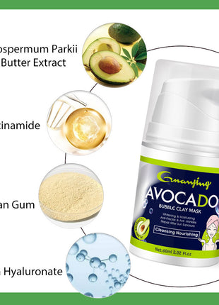 Avocado-based bubble clay mask with ingredients listed on a white background
