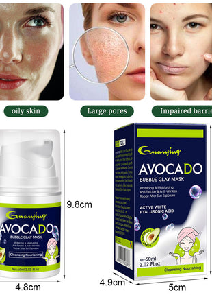 Avocado bubble clay mask packaging with product and box dimensions displayed.