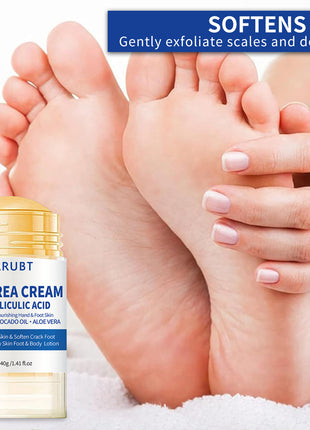 Barubt 60% Urea Cream with a close-up of feet being treated, showing softening effect.