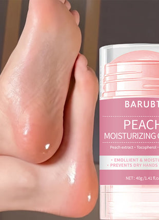 Baribt Peach Moisturizing Cream with a foot applying the cream