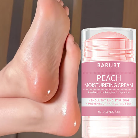 Baribt Peach Moisturizing Cream with a foot applying the cream