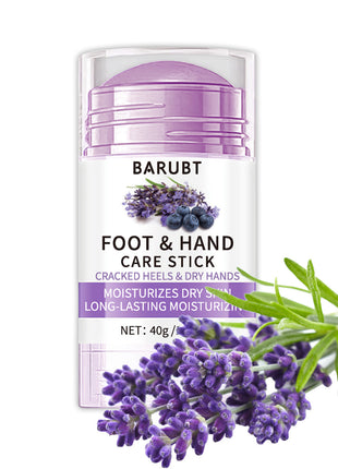Barubt foot and hand care stick with lavender flowers on a white background
