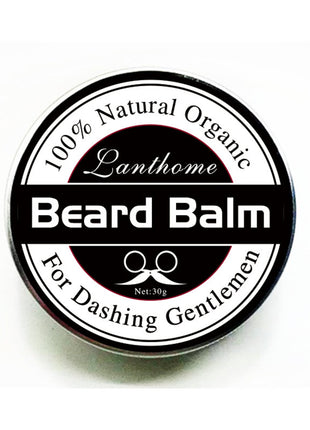Lanthome beard balm container with black and white label on a white background