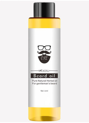Beard oil bottle with yellow cap and white label on a white background
