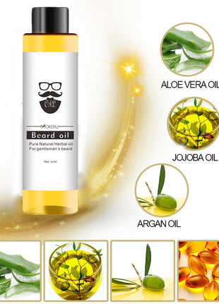 Bottle of beard oil with ingredients displayed on a white background