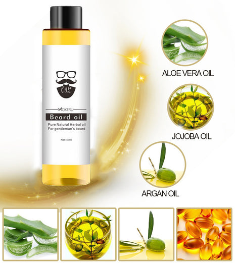 Bottle of beard oil with ingredients displayed on a white background