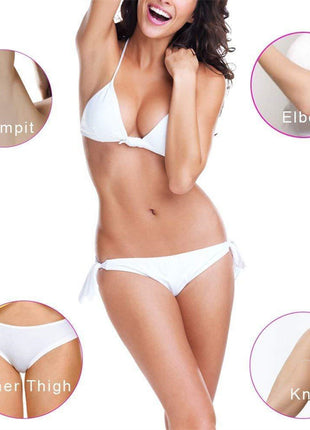 Woman wearing a white bikini with close-up insets of armpit, elbow, inner thigh, and knee areas.